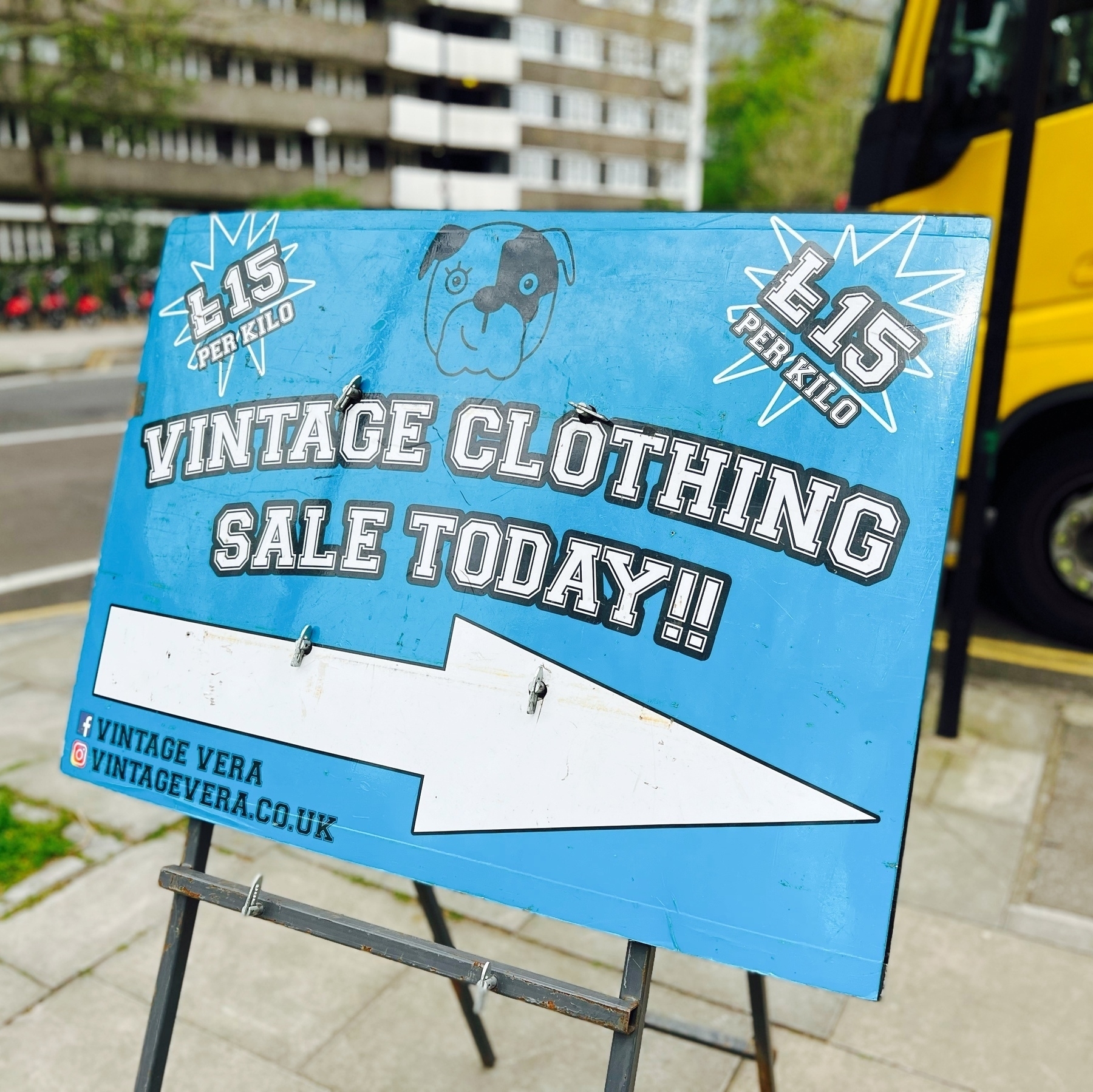 A vintage clothes by the kilo sign near Northampton Square, London