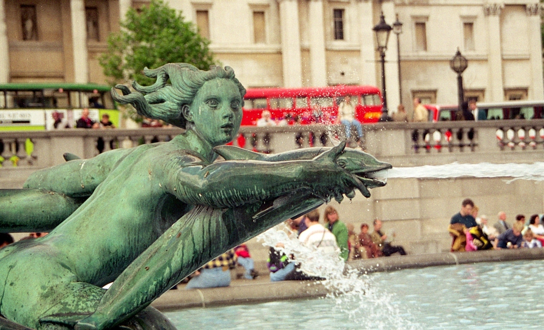 One of the fountains in Trafalgar Square in summer 1994.