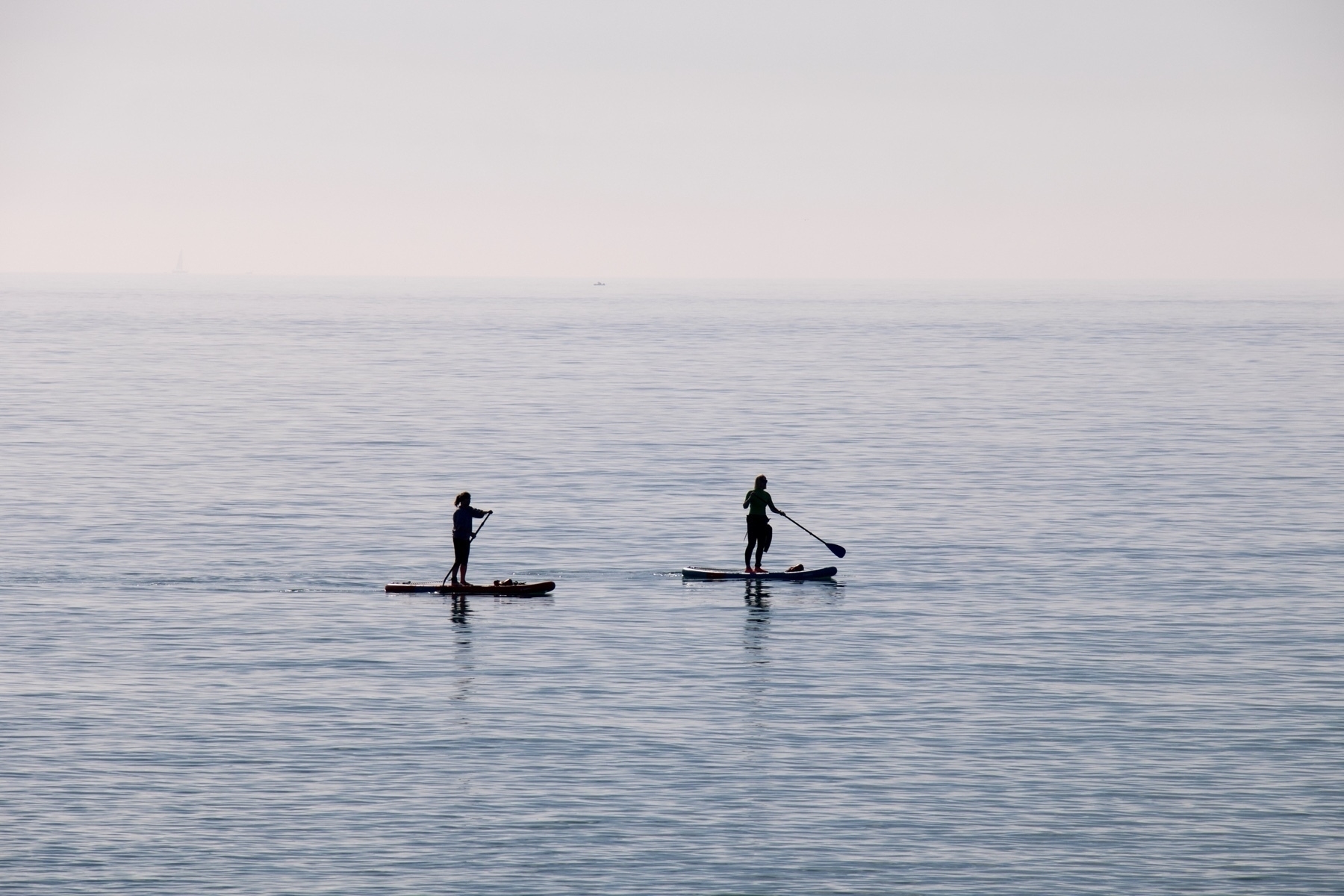 Two stand up paddleboarders on the Sussex sea. 