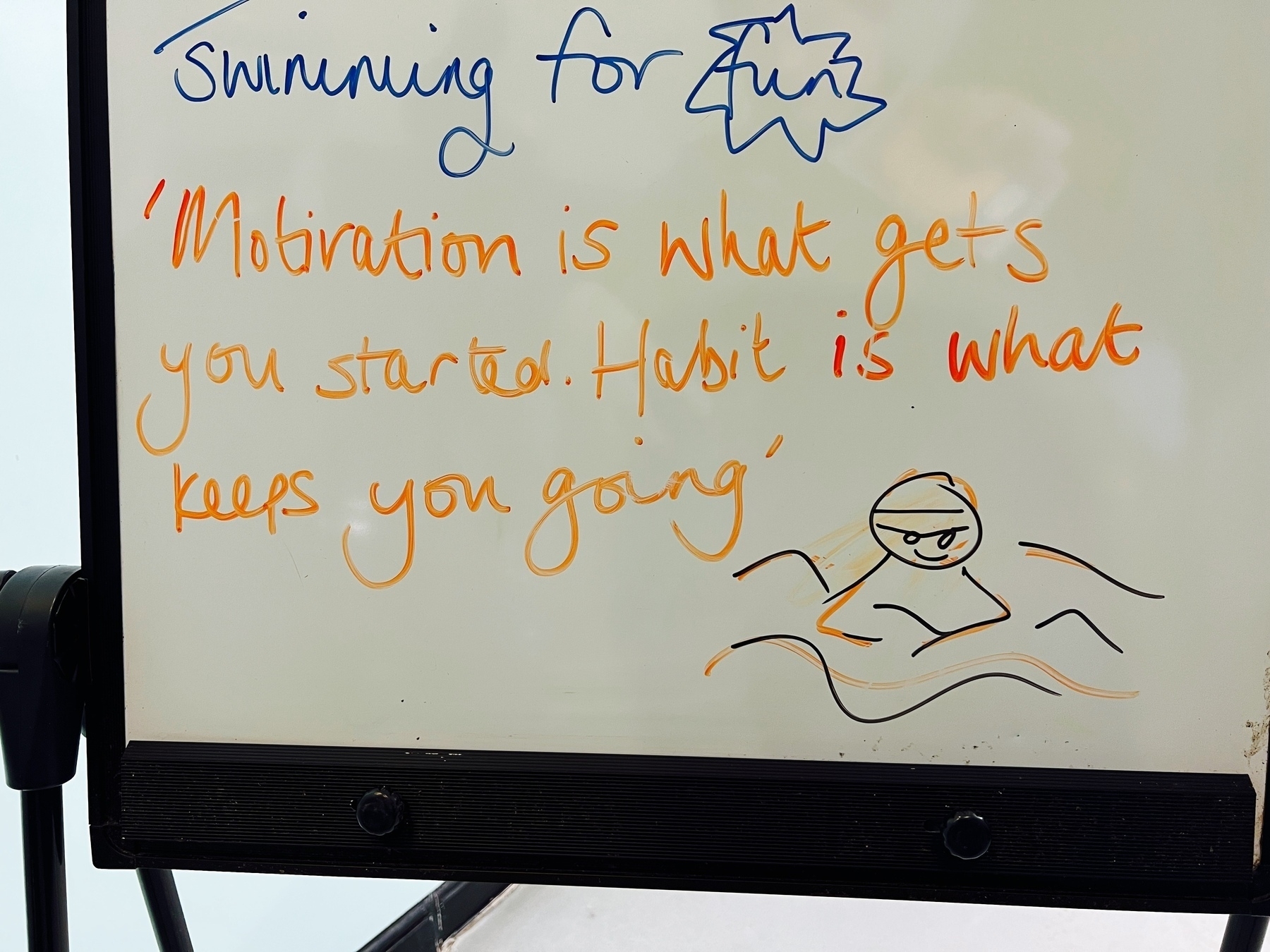 A whiteboard reading "motivation is what gets you started. habit is what keeps you going"