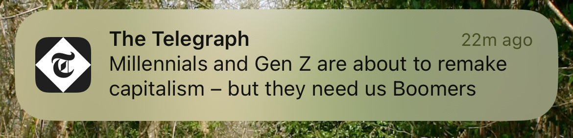 A Telegraph push notification saying that Millennials and Gen Z need Boomers. 